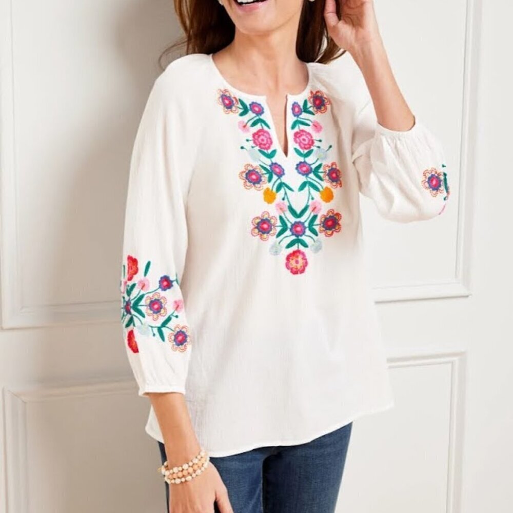 Talbots White Embroidered Cotton Blouse